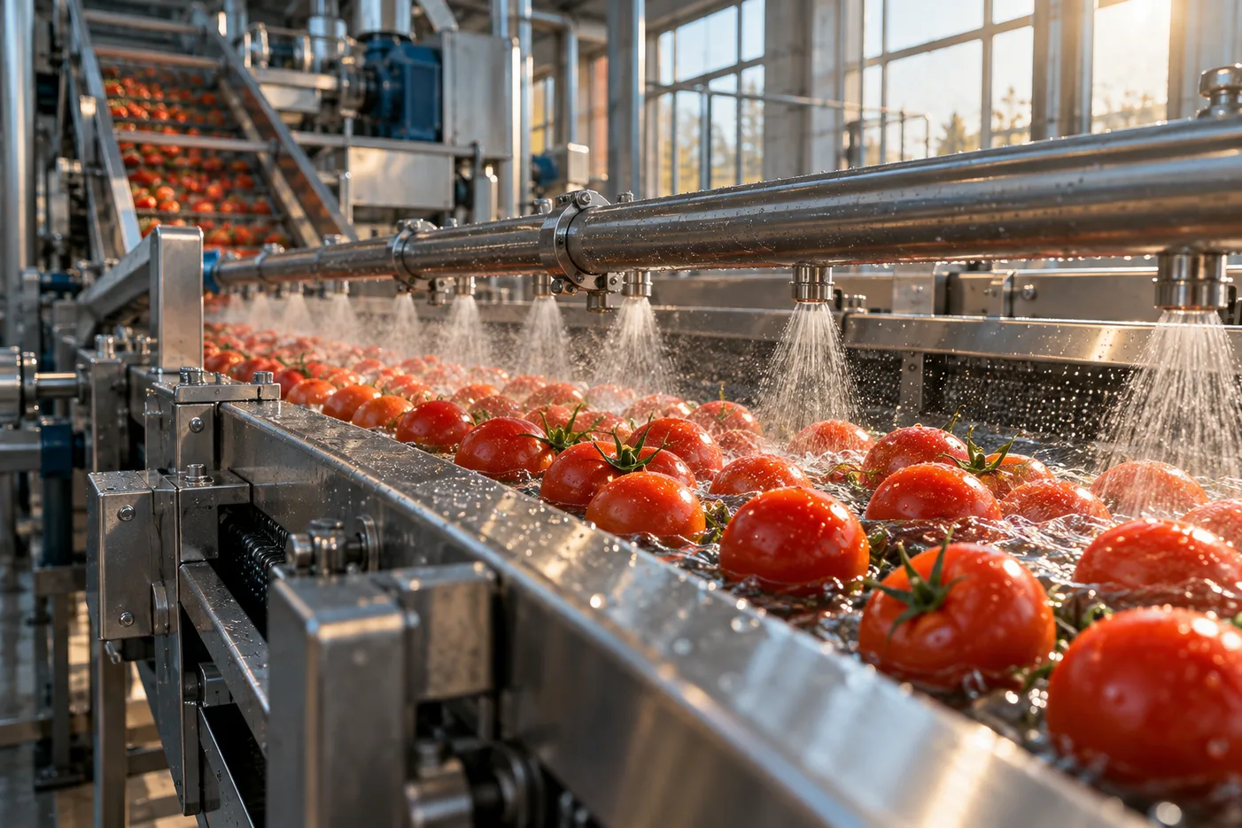 Illustration of tomato washing and sorting